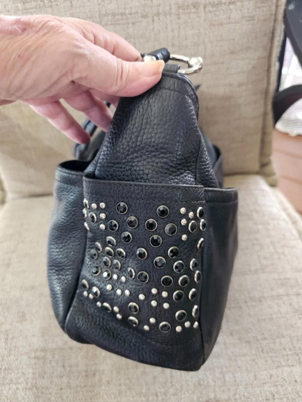 Furla Black Genuine Leather Studded Crystal Hobo Shoulder Bag